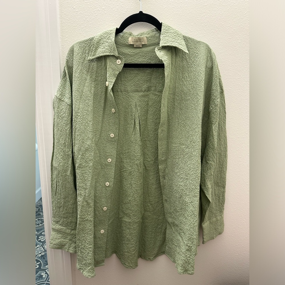 Salty Weekend Fiji Sage Green Seersucker Oversized Button Down